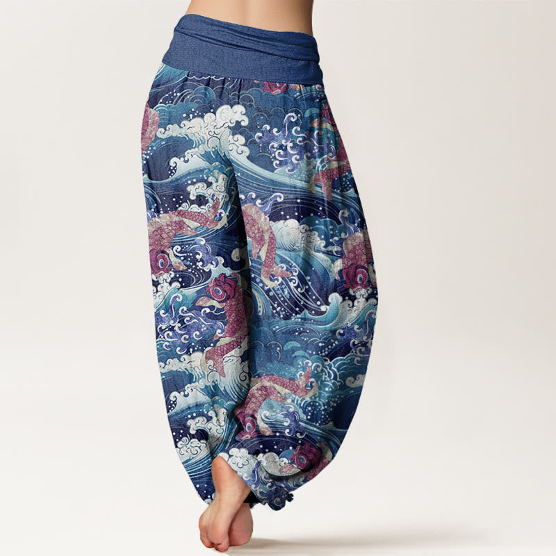 Buddha Stones Casual Koi Fish Ocean Waves Pattern Women's Elastic Waist Harem Pants - image 5
