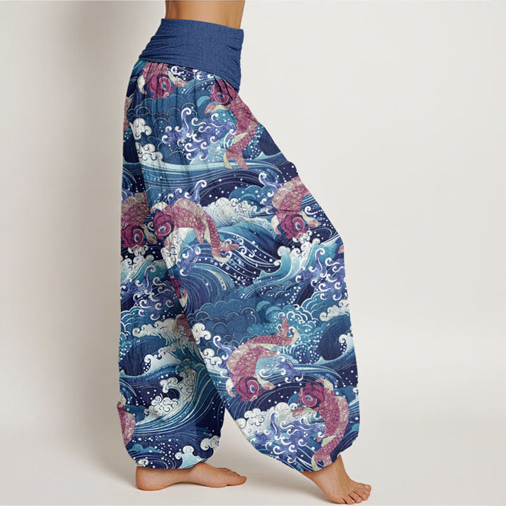 Buddha Stones Casual Koi Fish Ocean Waves Pattern Women's Elastic Waist Harem Pants - image 6