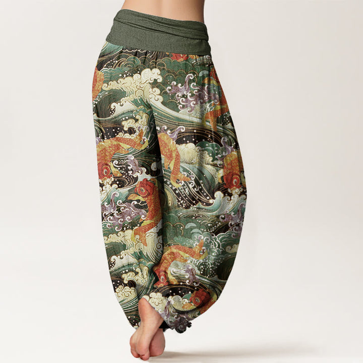 Buddha Stones Casual Koi Fish Ocean Waves Pattern Women's Elastic Waist Harem Pants - image 8