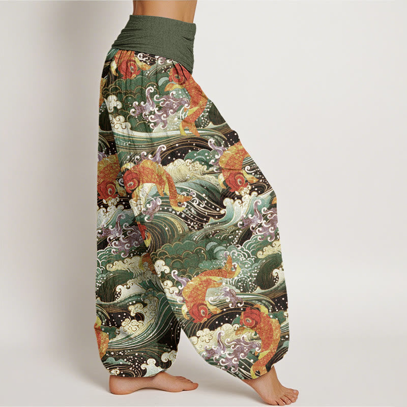 Buddha Stones Casual Koi Fish Ocean Waves Pattern Women's Elastic Waist Harem Pants - image 9