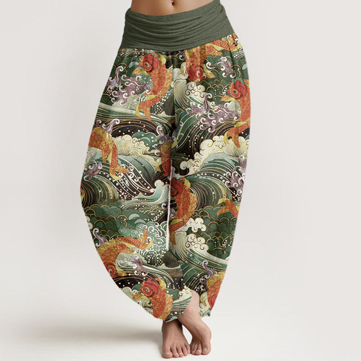 Buddha Stones Casual Koi Fish Ocean Waves Pattern Women's Elastic Waist Harem Pants - OliveDrab - US22，UK/AU26，EU54 (6XL) - image 7