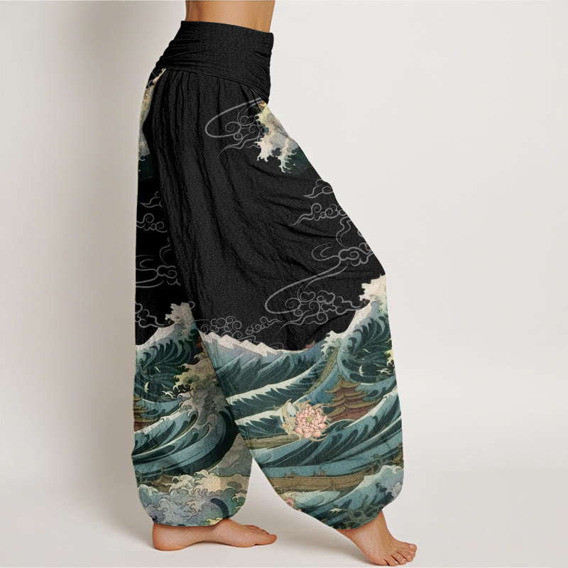 Buddha Stones Casual Blooming Lotuse Wave Pavilion Pattern Women's Elastic Waist Harem Pants - image 2