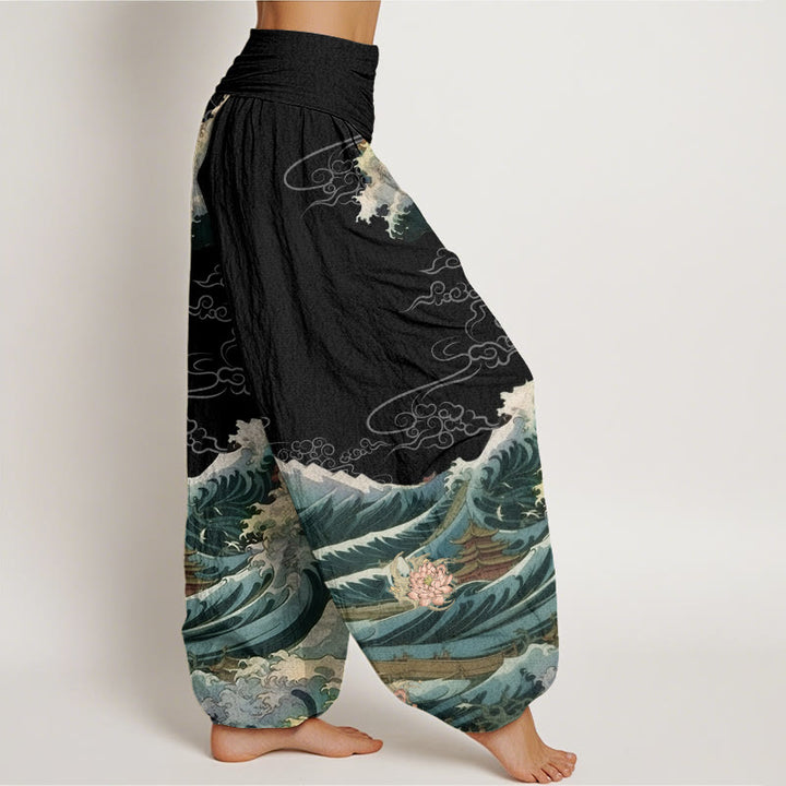 Buddha Stones Casual Blooming Lotuse Wave Pavilion Pattern Women's Elastic Waist Harem Pants - image 2