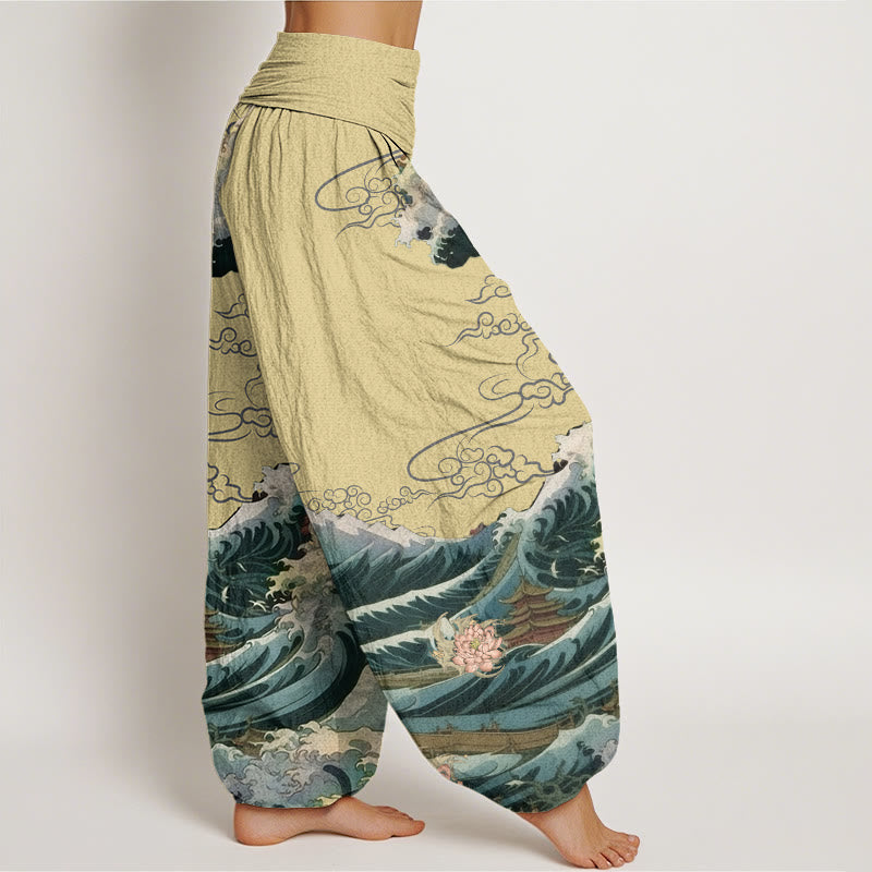 Buddha Stones Casual Blooming Lotuse Wave Pavilion Pattern Women's Elastic Waist Harem Pants - image 6