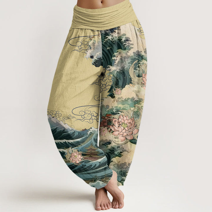 Buddha Stones Casual Blooming Lotuse Wave Pavilion Pattern Women's Elastic Waist Harem Pants - Khaki - US22，UK/AU26，EU54 (6XL) - image 4