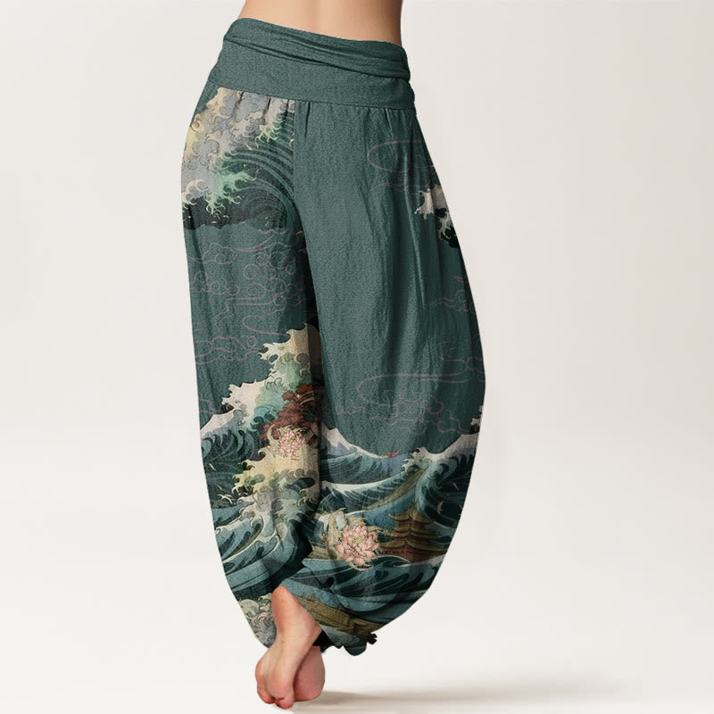Buddha Stones Casual Blooming Lotuse Wave Pavilion Pattern Women's Elastic Waist Harem Pants - image 8