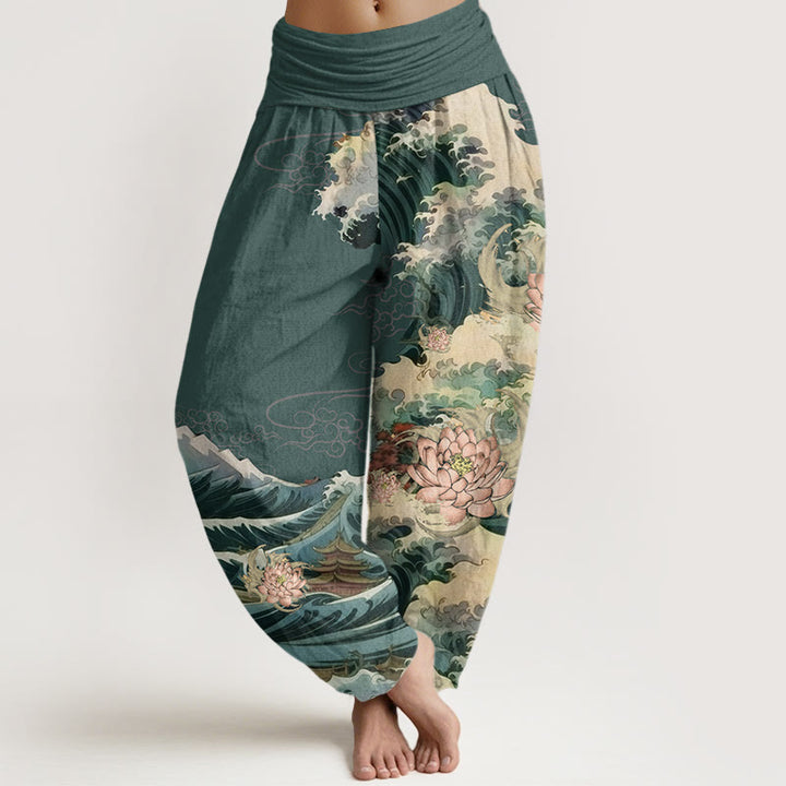 Buddha Stones Casual Blooming Lotuse Wave Pavilion Pattern Women's Elastic Waist Harem Pants - SeaGreen - US22，UK/AU26，EU54 (6XL) - image 7