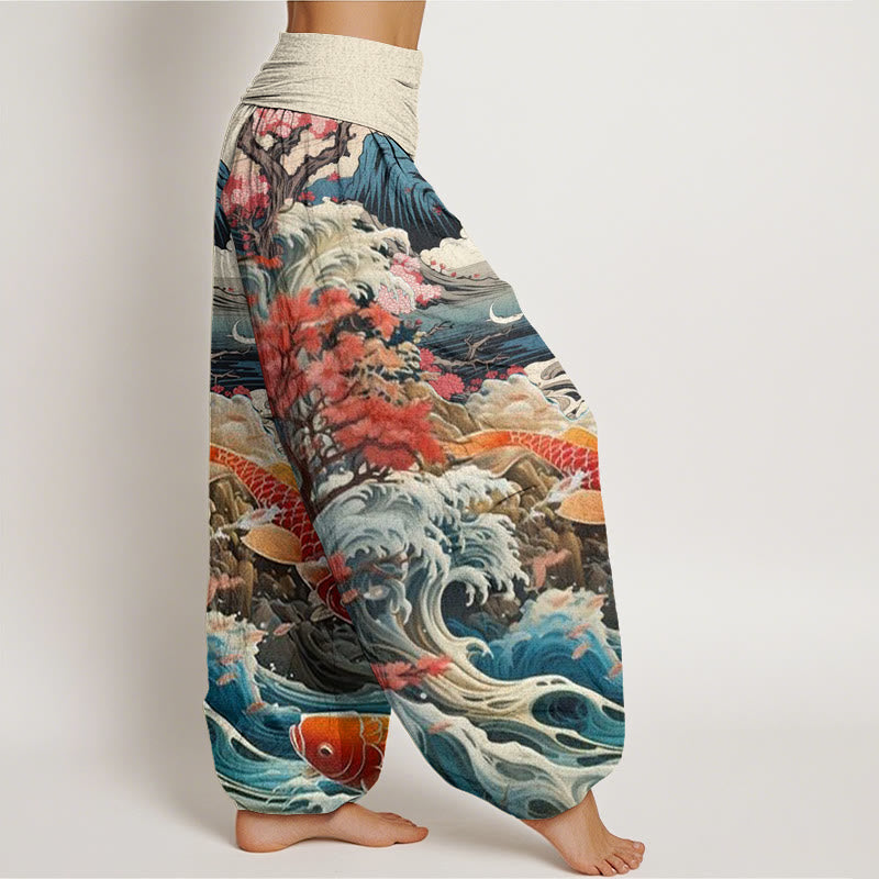 Buddha Stones Casual Blossoming Tree Koi Fish Wave Mountain Pattern Women's Elastic Waist Harem Pants - image 2
