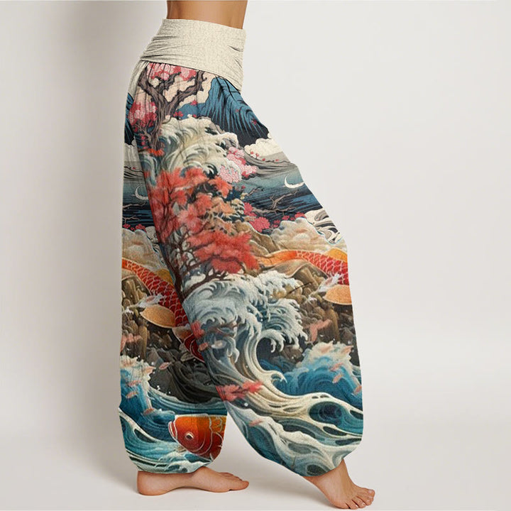 Buddha Stones Cotton Casual Blossoming Tree Koi Fish Wave Mountain Pattern Women's Elastic Waist Harem Pants - image 2