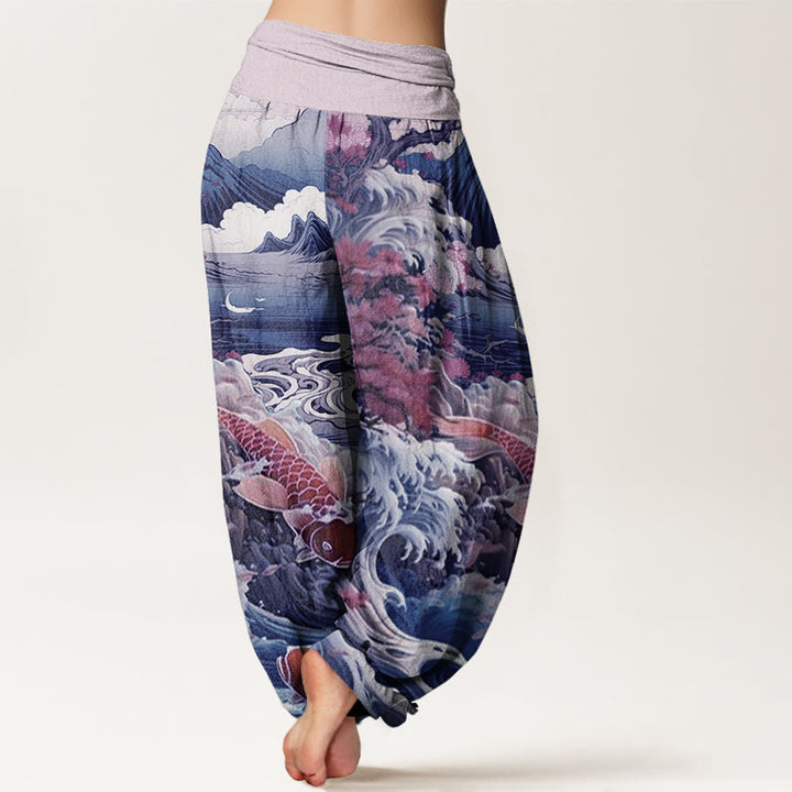 Buddha Stones Casual Blossoming Tree Koi Fish Wave Mountain Pattern Women's Elastic Waist Harem Pants - image 5