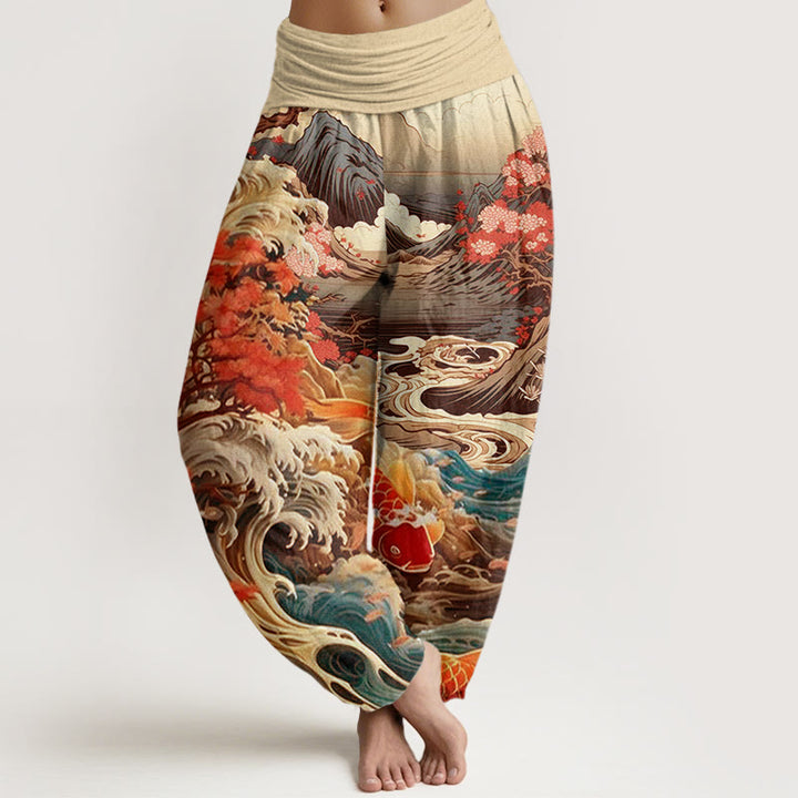 Buddha Stones Cotton Casual Blossoming Tree Koi Fish Wave Mountain Pattern Women's Elastic Waist Harem Pants - PaleGoldenrod - US22，UK/AU26，EU54 (6XL) - image 7