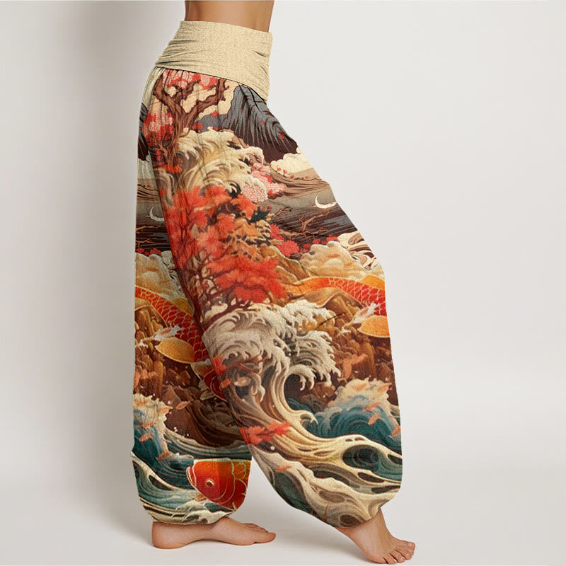 Buddha Stones Casual Blossoming Tree Koi Fish Wave Mountain Pattern Women's Elastic Waist Harem Pants - image 9