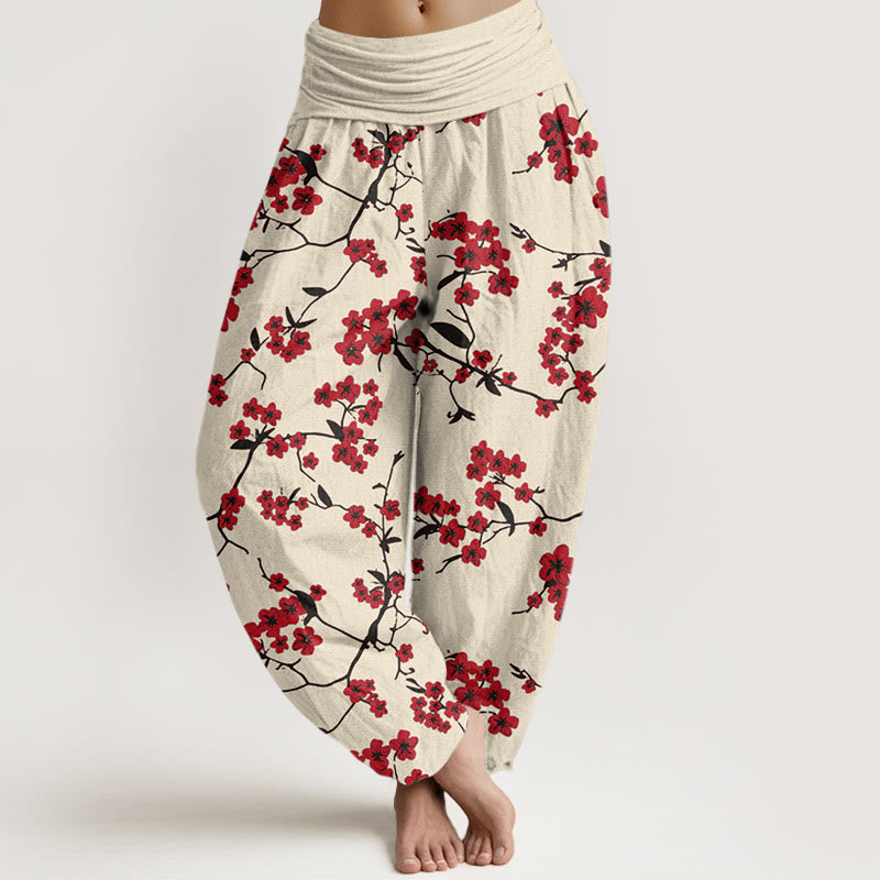 Buddha Stones Red Peach Blossom Pattern Women's Elastic Waist Harem Pants - LightGoldenrodYellow - US22，UK/AU26，EU54 (6XL) - image 0