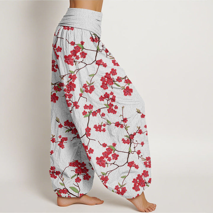 Buddha Stones Red Peach Blossom Pattern Women's Elastic Waist Harem Pants - image 6