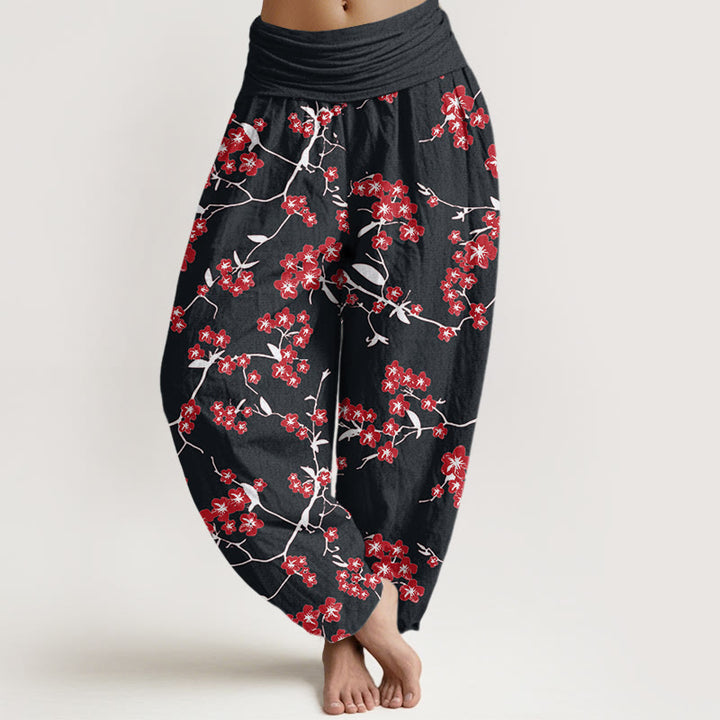 Buddha Stones Red Peach Blossom Pattern Women's Elastic Waist Harem Pants - Black - US22，UK/AU26，EU54 (6XL) - image 7