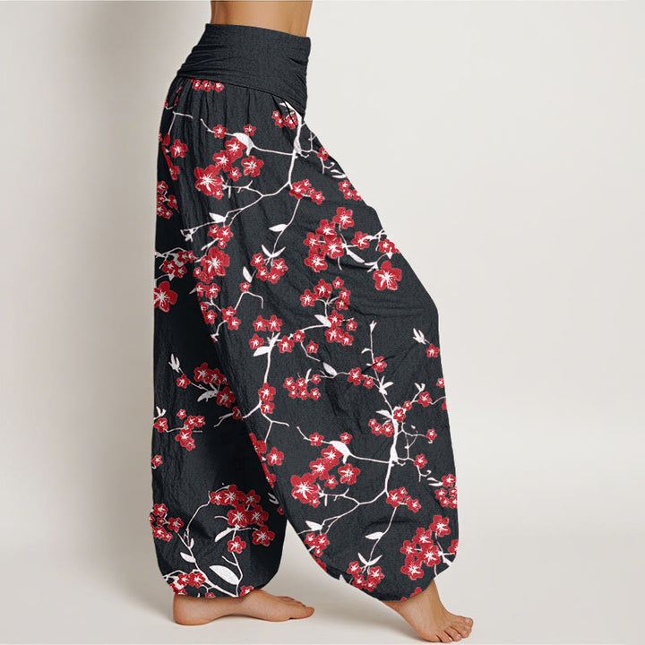 Buddha Stones Red Peach Blossom Pattern Women's Elastic Waist Harem Pants - image 9
