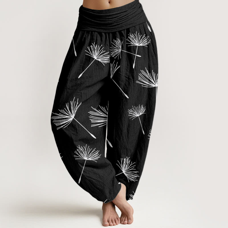 Buddha Stones Casual Cdrifting Dandelion Seed Pattern Women's Elastic Waist Harem Pants - Black - US22，UK/AU26，EU54 (6XL) - image 0