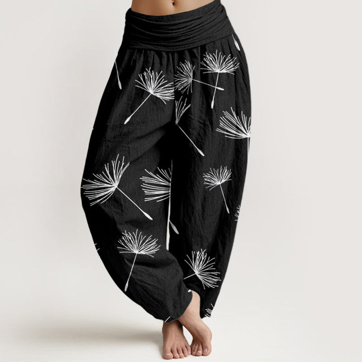 Buddha Stones Casual Cdrifting Dandelion Seed Pattern Women's Elastic Waist Harem Pants - Black - US22，UK/AU26，EU54 (6XL) - image 0
