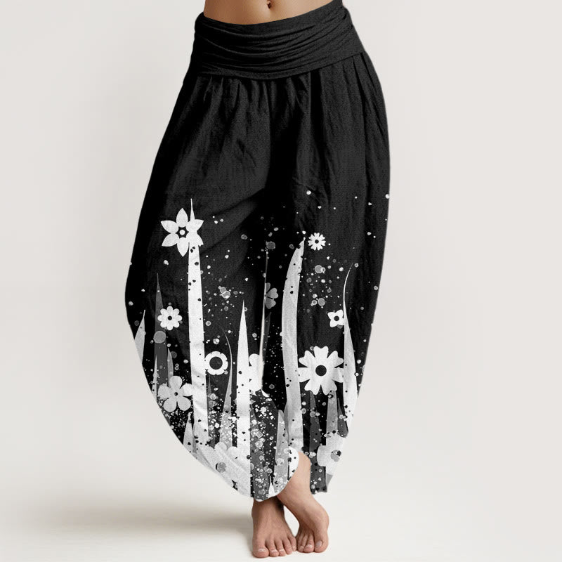 Buddha Stones Casual White Flower Grass Pattern Women's Elastic Waist Harem Pants - Black - US22，UK/AU26，EU54 (6XL) - image 0