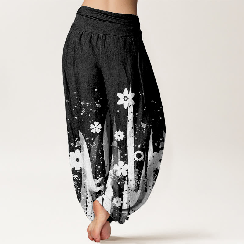 Buddha Stones Casual White Flower Grass Pattern Women's Elastic Waist Harem Pants - image 1