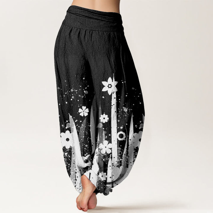 Buddha Stones Casual White Flower Grass Pattern Women's Elastic Waist Harem Pants - image 1