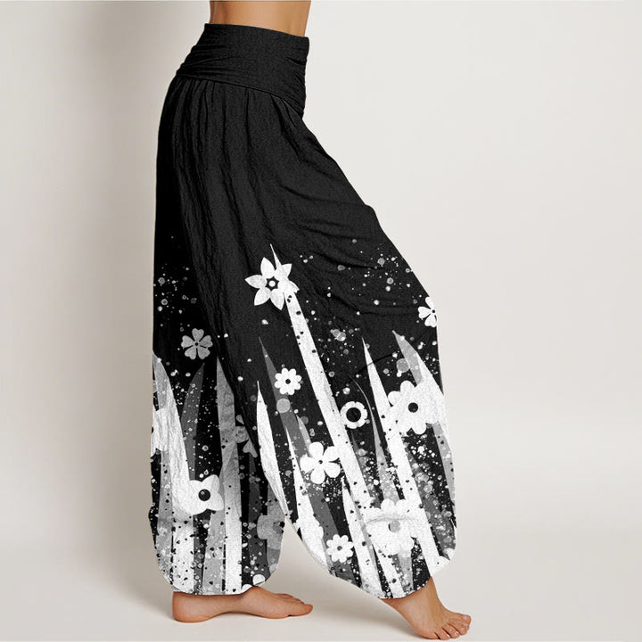 Buddha Stones Casual White Flower Grass Pattern Women's Elastic Waist Harem Pants - image 2