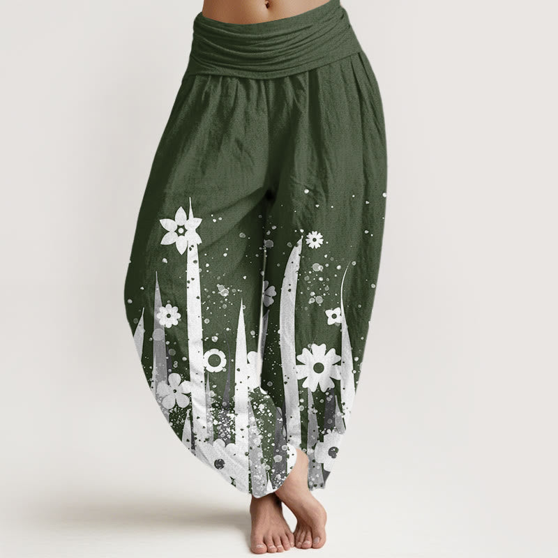Buddha Stones Casual White Flower Grass Pattern Women's Elastic Waist Harem Pants - DarkGreen - US22，UK/AU26，EU54 (6XL) - image 4