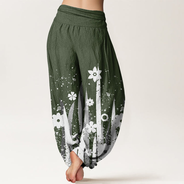 Buddha Stones Casual White Flower Grass Pattern Women's Elastic Waist Harem Pants - image 5