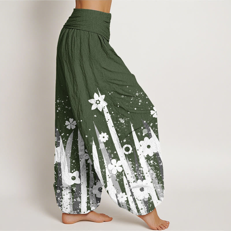 Buddha Stones Casual White Flower Grass Pattern Women's Elastic Waist Harem Pants - image 6