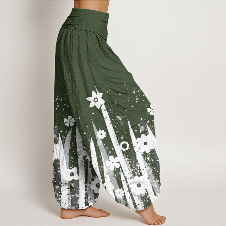 Buddha Stones Casual White Flower Grass Pattern Women's Elastic Waist Harem Pants - image 6