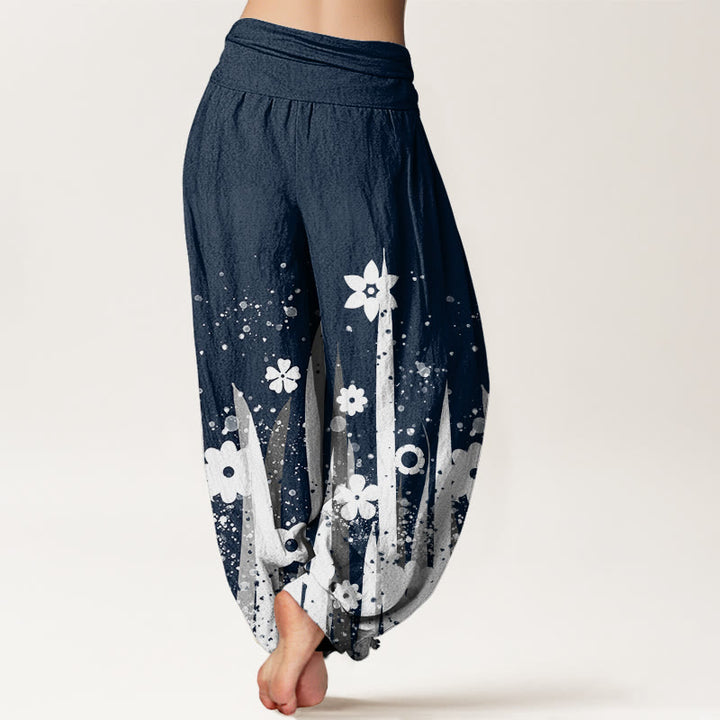 Buddha Stones Casual White Flower Grass Pattern Women's Elastic Waist Harem Pants - image 8