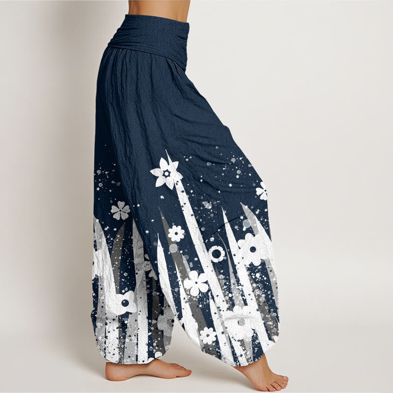 Buddha Stones Casual White Flower Grass Pattern Women's Elastic Waist Harem Pants - image 9