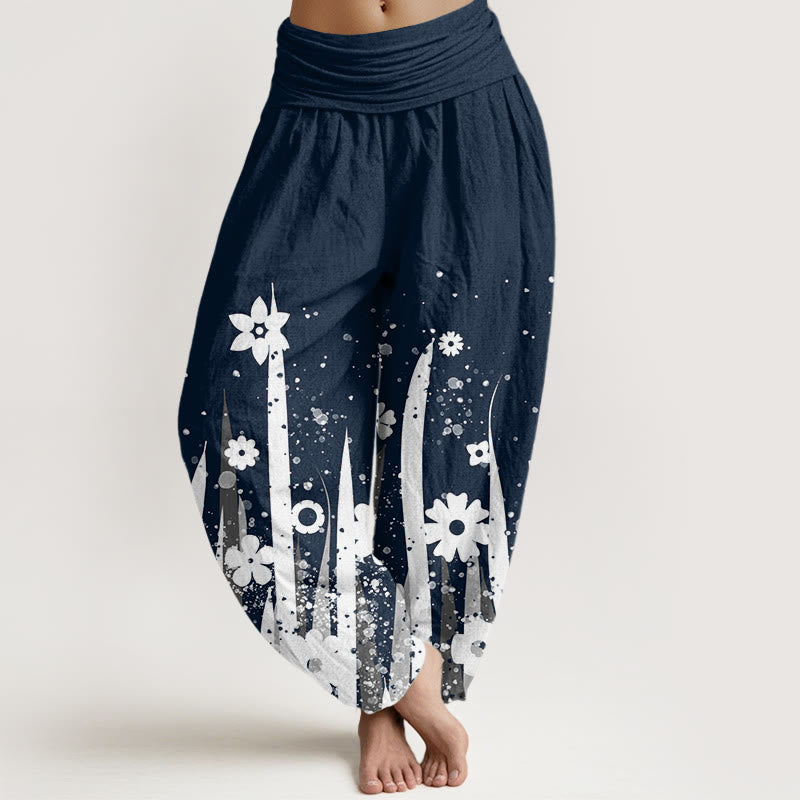 Buddha Stones Casual White Flower Grass Pattern Women's Elastic Waist Harem Pants - MidnightBlue - US22，UK/AU26，EU54 (6XL) - image 7