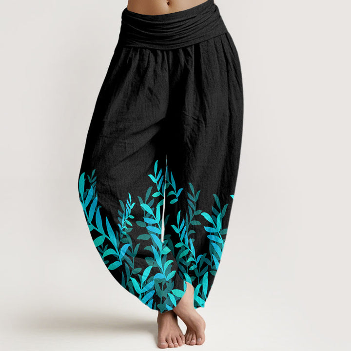 Buddha Stones Casual Leaves Pattern Women's Elastic Waist Harem Pants - Black - US22，UK/AU26，EU54 (6XL) - image 0
