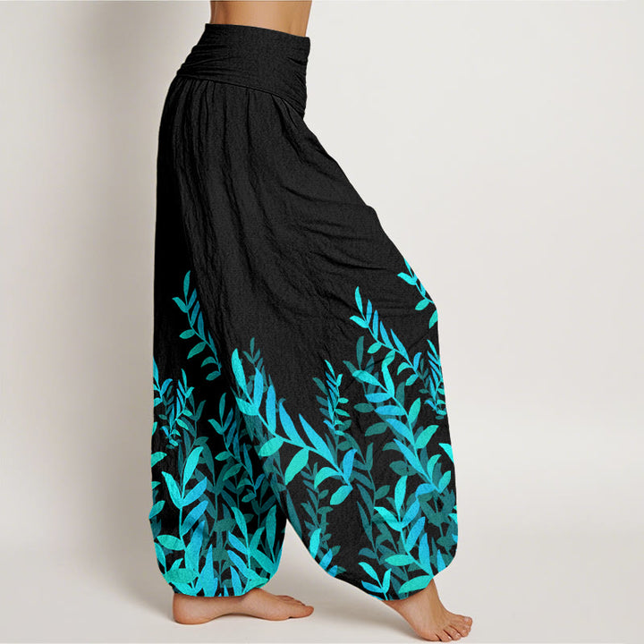 Buddha Stones Casual Leaves Pattern Women's Elastic Waist Harem Pants - image 2
