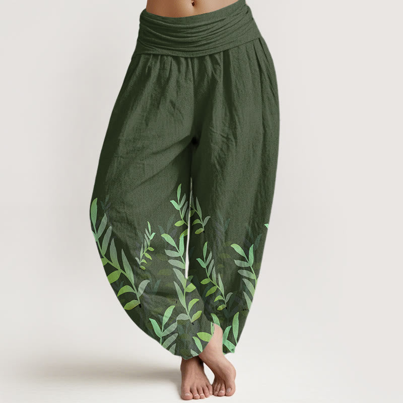 Buddha Stones Casual Leaves Pattern Women's Elastic Waist Harem Pants - ForestGreen - US22，UK/AU26，EU54 (6XL) - image 4