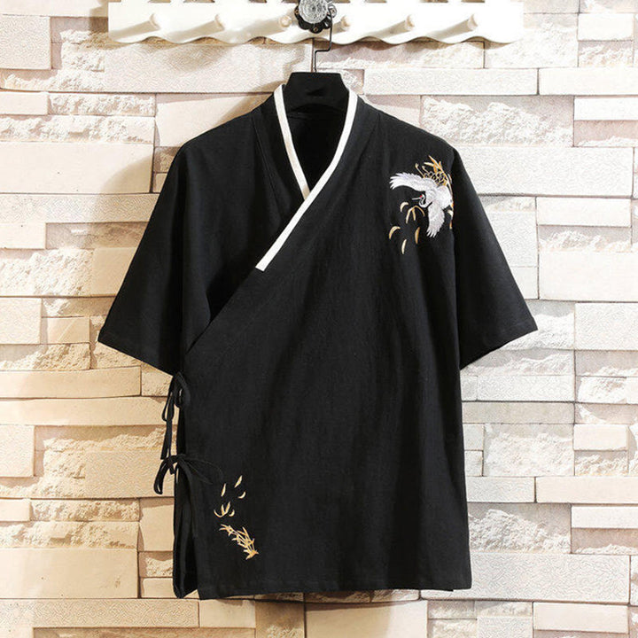 Buddha Stones Tang Suit Embroided Crane Pattern Lace-Up Side Men's Cotton Linen Short Sleeve T-Shirt - Black - US/UK/AU46，EU56 (5XL) - image 0