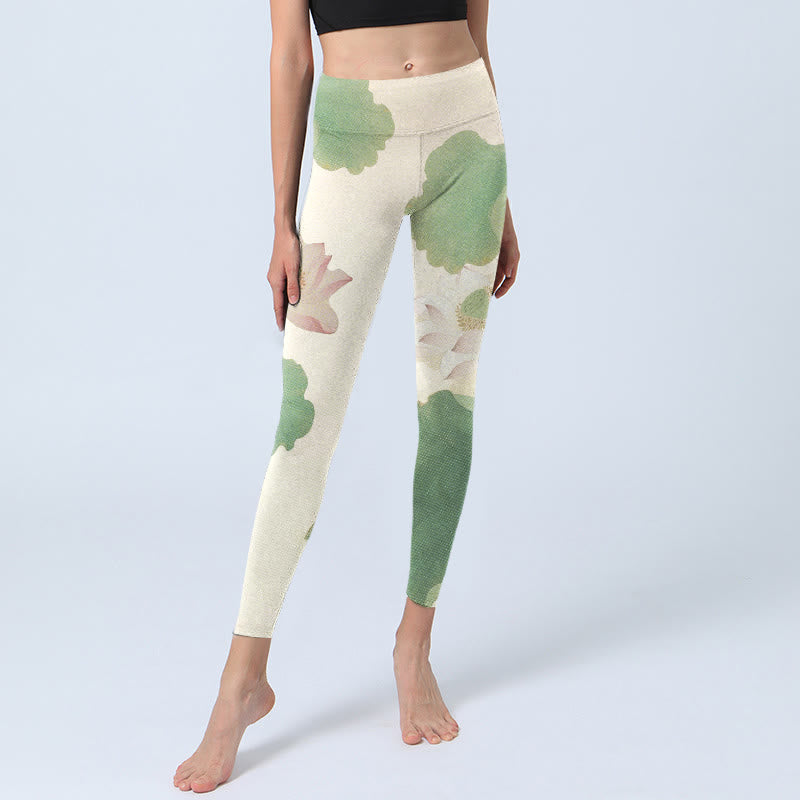 Buddha Stones Elegant Lotus Flower Leaves Pattern Print Gym Leggings Women's Yoga Pants - image 5