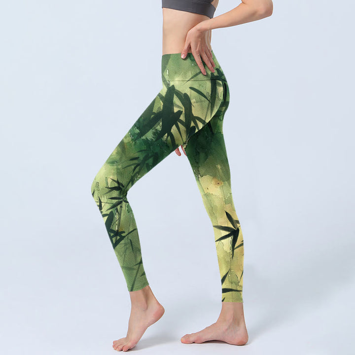 Buddha Stones Ink Blooming Bamboo Pattern Print Gym Leggings Women's Yoga Pants - image 2