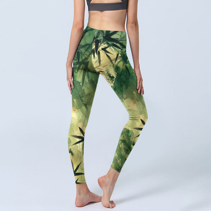 Buddha Stones Ink Blooming Bamboo Pattern Print Gym Leggings Women's Yoga Pants - image 4
