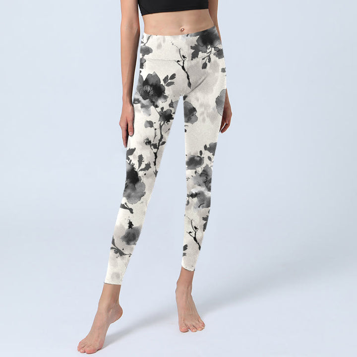 Buddha Stones Ink Painting Style Flower Pattern Print Gym Leggings Women's Yoga Pants - image 5