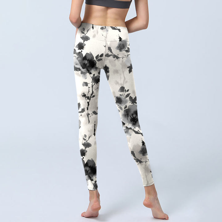 Buddha Stones Ink Painting Style Flower Pattern Print Gym Leggings Women's Yoga Pants - image 6