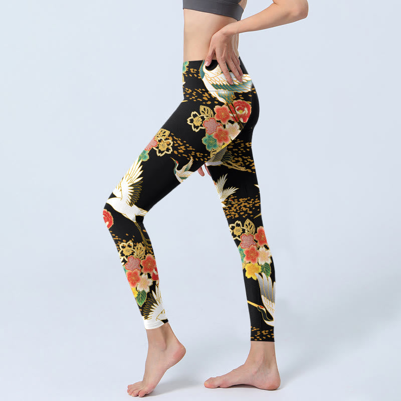 Buddha Stones Red-Crowned Cranes Colorful Floral Pattern Print Gym Leggings Women's Yoga Pants - image 2