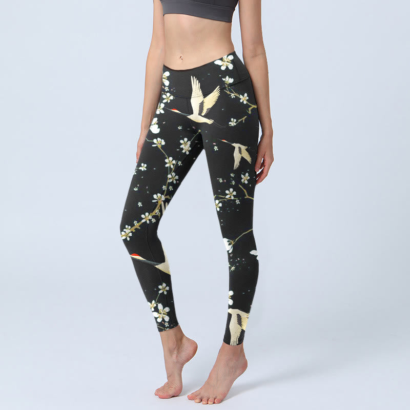 Buddha Stones Red-crowned Cranes Plum Blossoms Pattern Print Gym Leggings Women's Yoga Pants - Black - US18，UK/AU22，EU50 (4XL) - image 0