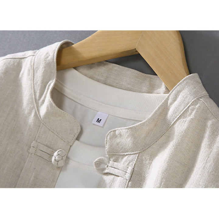 Buddha Stones Vintage Plain Tang Suit Chinese Frog-Button Cotton Linen Men's Shirt With Pockets - image 2