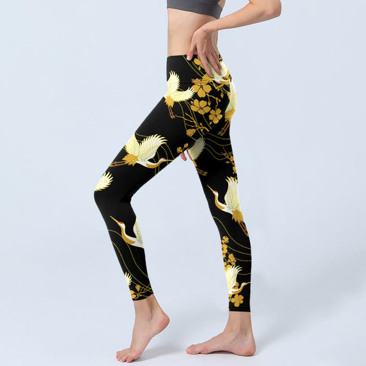 Buddha Stones Red-crowned Cranes Golden Flowers Line Pattern Print Gym Leggings Women's Yoga Pants - image 2