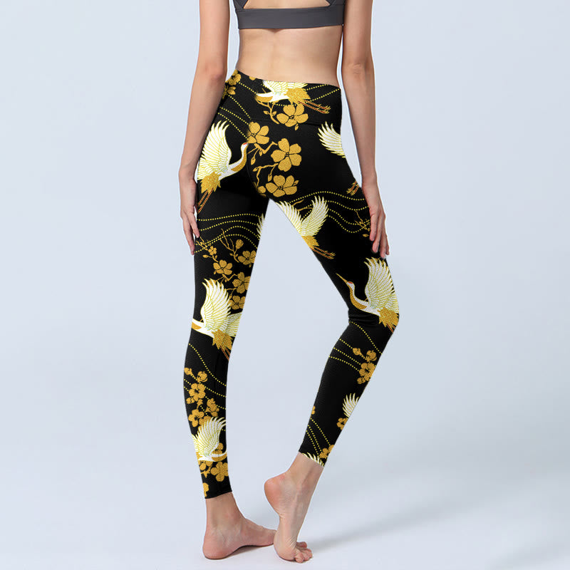 Buddha Stones Red-crowned Cranes Golden Flowers Line Pattern Print Gym Leggings Women's Yoga Pants - image 4