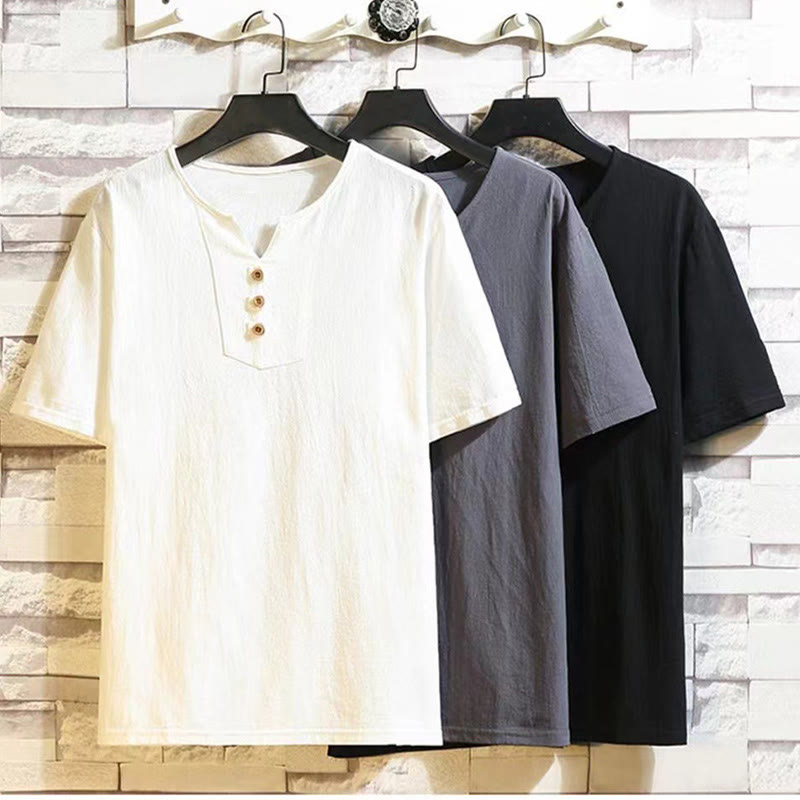 Buddha Stones 2Pcs Short Sleeve T-Shirt Drawstring Short Pants With Pockets Men's Cotton Linen Meditation Cloth Set - image 15