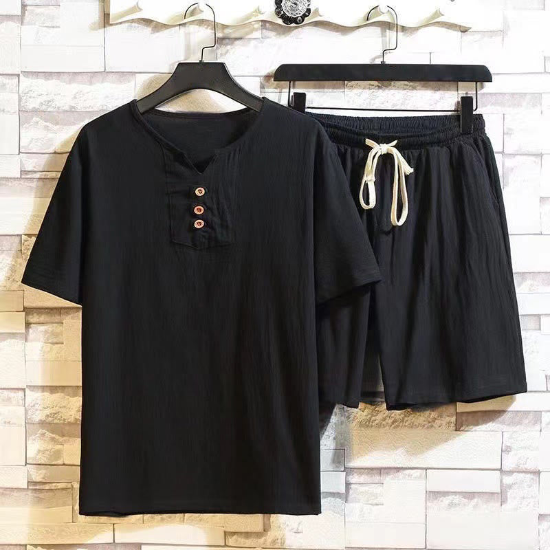 Buddha Stones 2Pcs Short Sleeve T-Shirt Drawstring Short Pants With Pockets Men's Cotton Linen Meditation Cloth Set - Black - US/UK/AU46，EU56 (5XL) - image 9