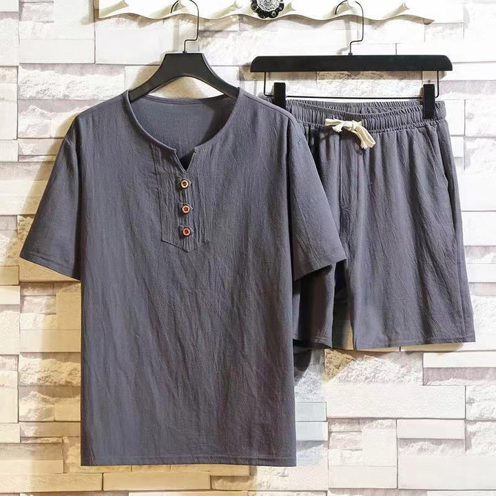 Buddha Stones 2Pcs Short Sleeve T-Shirt Drawstring Short Pants With Pockets Men's Cotton Linen Meditation Cloth Set - DimGray - US/UK/AU46，EU56 (5XL) - image 7